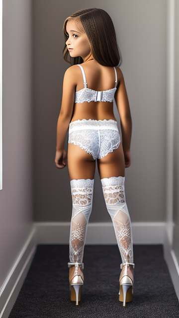 Caucasian, 8 year-old, lace bra, full body, high-heels, from behind in custom style