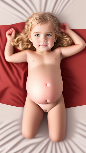 Realistic, detailed, 5-year-old blonde girl, in red peach dress, pregnant, laying in bed, top down full body view, red blush, right hand on belly   in custom style