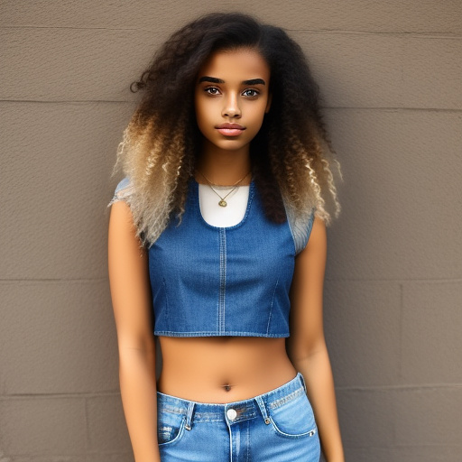 Teenage girl in crop top and jean shorts in custom style