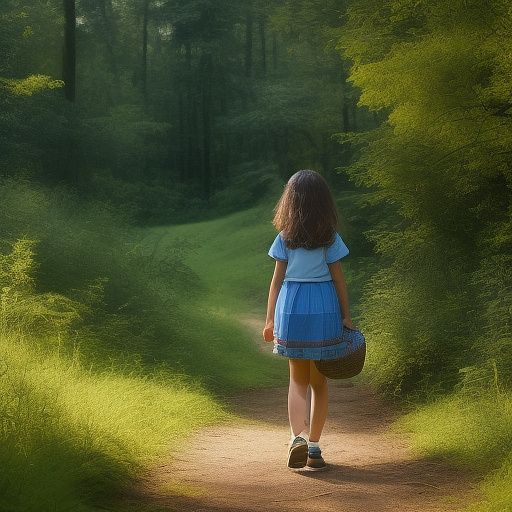 A 9-year-old girl is walking along a forest path. it's evening. she has a basket in her hand. view from behind. in custom style