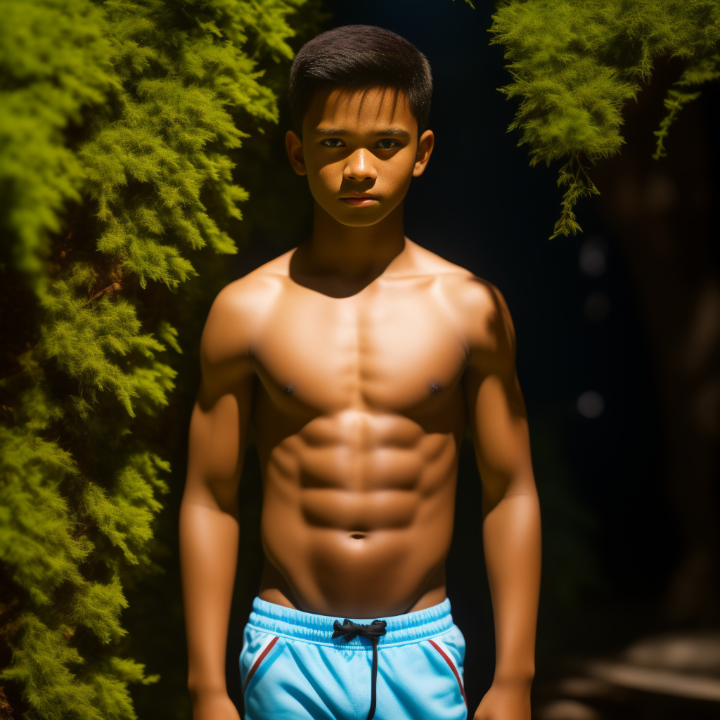 Cute 13-year-old boy  shirtless full body picture in realistic style