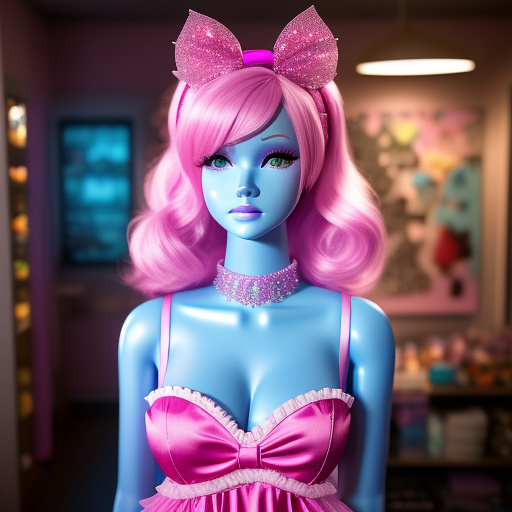 A mannequin with a pink dance costume dress with blue rhinestones on the top front, and a purple waist ribbon, and the bottom pink and fluffy on in disney 3d style