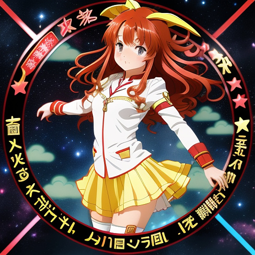 Curly beautiful red headed rocket girl goddess dressed in translucent nightwear yellow with green relief and red boots and red cape, in outer space happily flying with letters rg "rocketgirl " emblem letters showing in anime style
