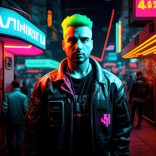 Colorful 40 years man portrait painted cartoon animated surrealistic   in cyberpunk style