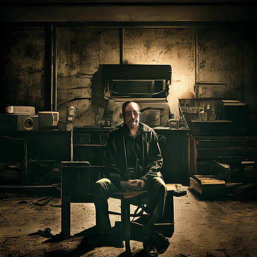 In a dark room, there is a telephone and a gun on the table. a man is sitting on a chair, and he is dead. in custom style