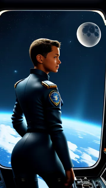 Young space force pilot with short hair posing for a photograph as seen from behind while looking at the moon through a window from the cockpit of a spaceship.
 in angelcore style
