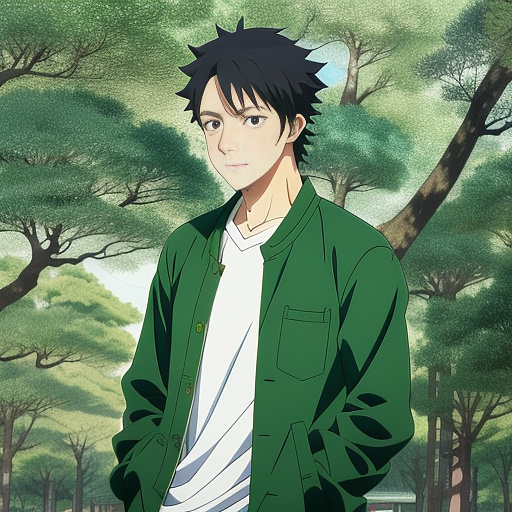 Man wearing green jacket and blue jeans in anime style