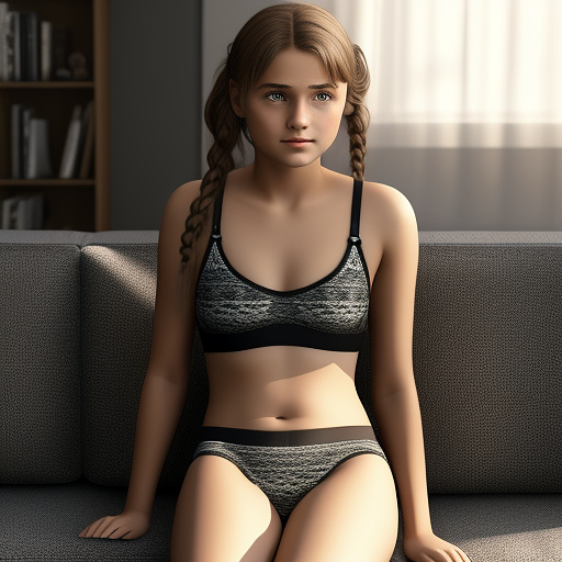 Ultra realistic a cute 14 year old german girl sits on the sofa in the living room in sexy underwear in custom style