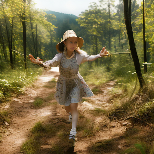 A 9-year-old girl is skipping along a forest path. she has a basket in her hands and a sun hat on her head. in custom style