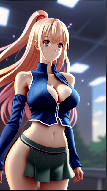 Hot e-girl, front facing, very large chest, very big breasts, tight shirt with a boob window, mini skirt, facing forward, thin face, skinny, ripped clothes, cleavage, sexy expression, looking forward, realistic in anime style