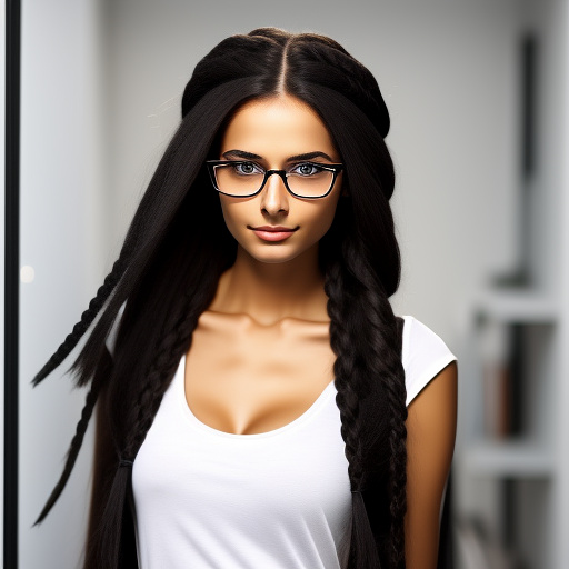 A 22 year old german girl with a black braid with glasses and brown eyes 1.70 tall thin in sexy clothing in custom style