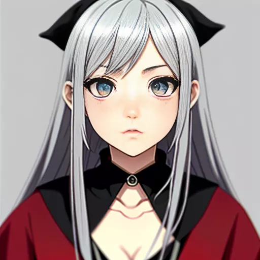 Non binary person with long silver hair and silver eyes. freckles. wearing red and black robes looking at the audience
anime art style in anime style