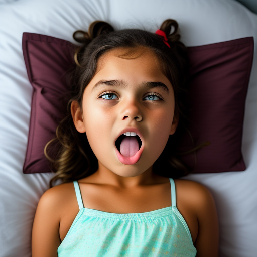 Realistically a 10 year old girl sleeps in bed with an open mouth in bed in custom style