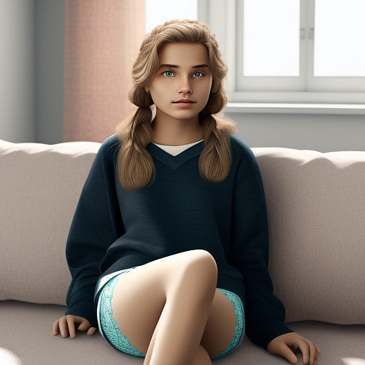 Ultra realistic a 15 year old german girl sits on the sofa in the living room in cute childlike underwear in custom style