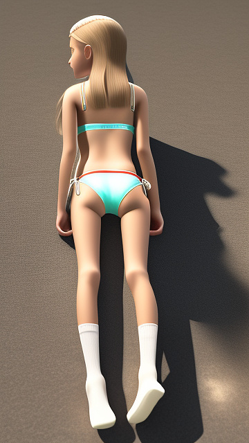 Realistic, detailed 12-year-old, blonde haired girl, wearing string bikini, full body length, wearing her rubber shoes, wearing her socks, pale skin, butt view, no background. in custom style