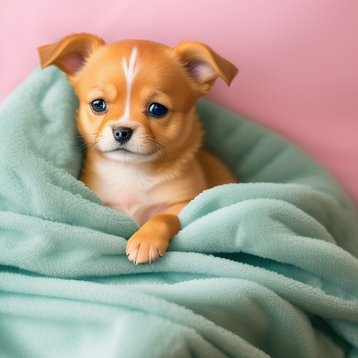 Little dog resting comfortably with soft blankets in anime style