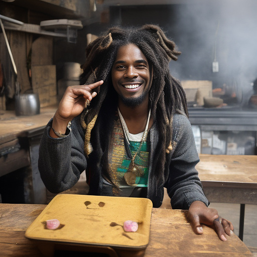 A black rastafarian is sitting on a worktable, smiling happily and smoking. the room is smoky. in custom style
