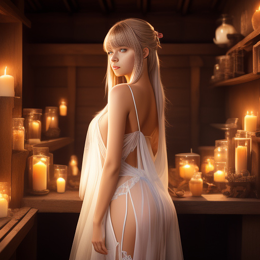 1 woman (lalisa manobal, age 25,sheer airy colorful dress) is a seductive witch, seduction magic cast at conan, high fantasy, exotic bedroom loads of candles and animal furs, looking back over her shoulder
 in anime style