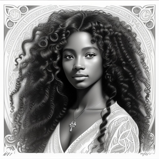 The frequency of life resonating with a beautiful ebony woman with flowing curly hair in the style of alphonse mucha
 in pancil style