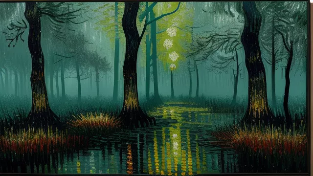 Dirty toxic swamp at night in the forest illuminated by fire torches in neo impressionism style