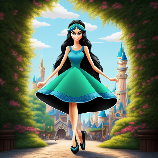 Create a tall girl with black long hair and blue eyes and green dress in disneyland in disney painted style
