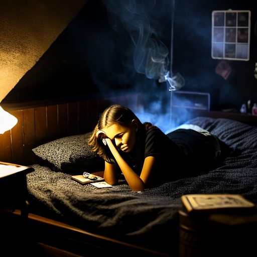 The room is dark, smoky and a mess, the bed is broken. there is an ashtray with an outstanding cigarette on the table. a 13-year-old girl is lying on a bed and crying. in custom style