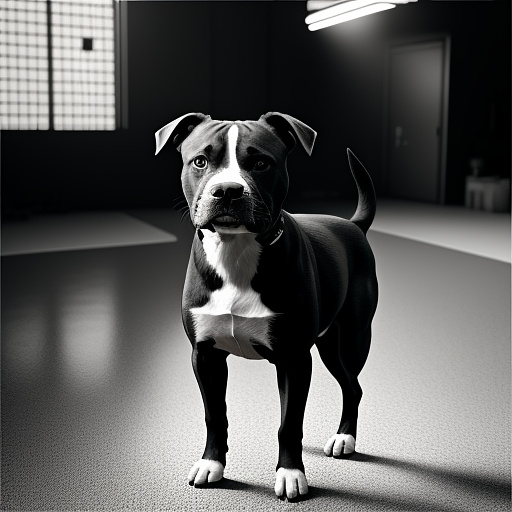 Cute dog realistic pit bull with hard hat standing & looking alert in bw photo style