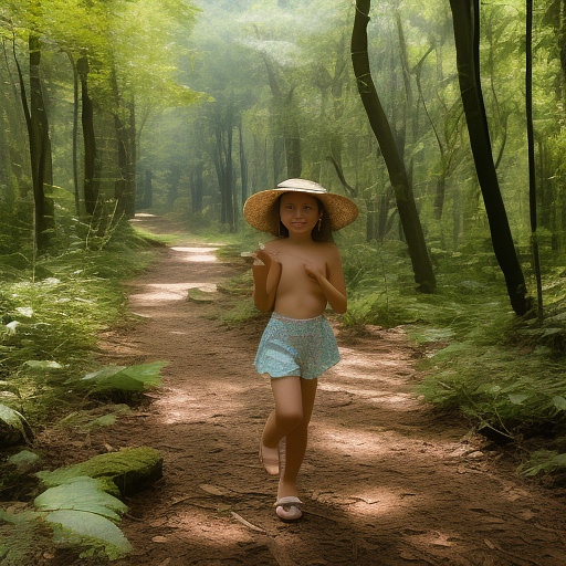 A 9-year-old girl is skipping along a forest path. she has a basket in her hands and a sun hat on her head. she's naked in custom style