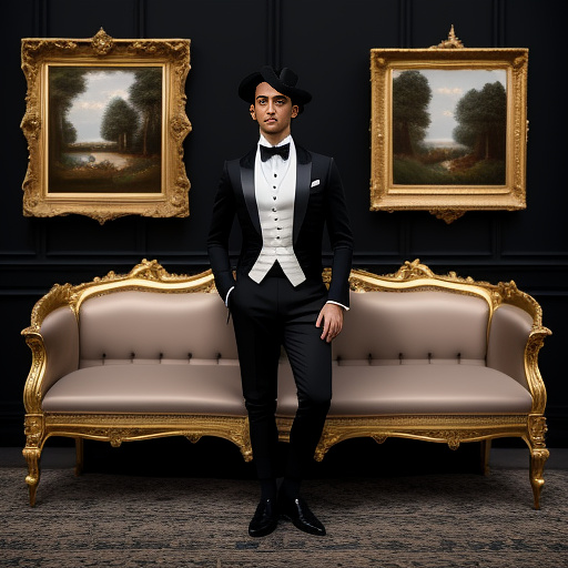 Full body award winning photo of quarryjacob wearing a black tuxedo with white socks and black oxford shoes, intricate skin details, 4k in rococo style