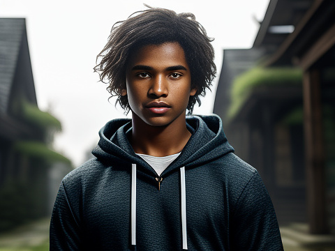 Cute mördern teen boy with fair skin and messy hair sparking eyes in hoodie.  in fantasy style