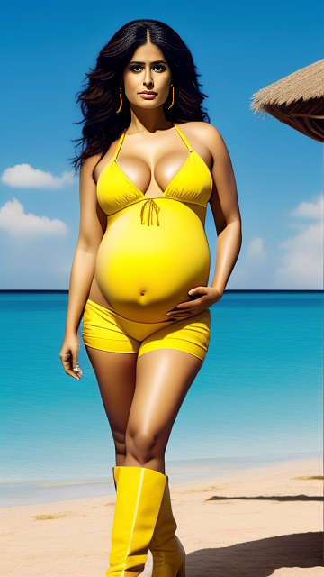 Pregnant, salma hayek, yellow bikini, yellow boots,  in custom style