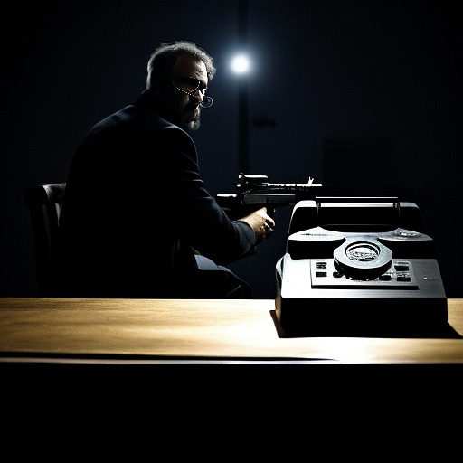 In a dark room, there is a telephone and a gun on the table. a man is sitting on a chair, and he is dead. in custom style