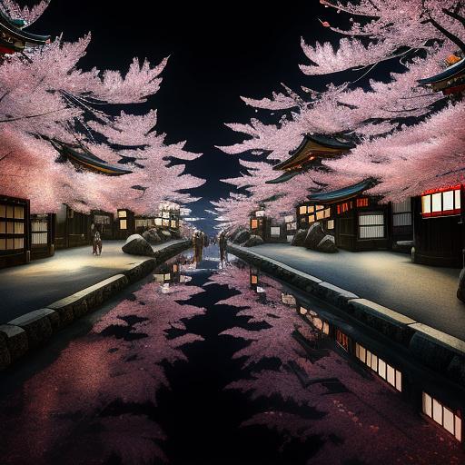 Anime, 2305, hyper futuristic, hi tech, modern, golden lotus printed, summer, noon, outside of a way too oversized, modern and luxurious shopping district, new red cherry blossom village, light gold and onyx black, rich and edgy dressed people walking by in anime style