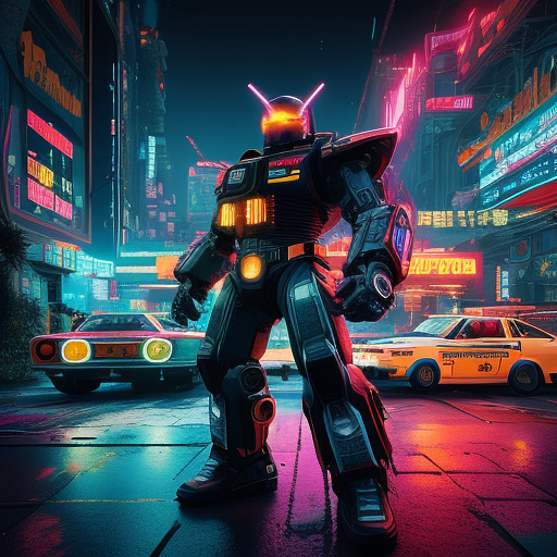 A cheerful transformer flies through space against the backdrop of planets. in cyberpunk style