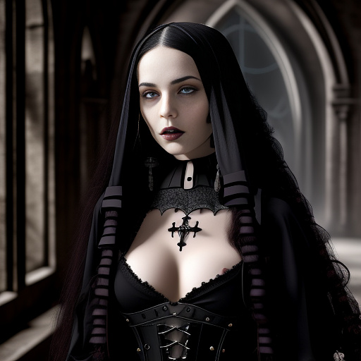 Busty teen girl with long hair in gothic style