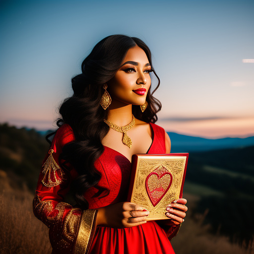 A woman in a love themed red dress with loads of intricate gold love embroidery, carrying a tome, on a hill top, two astrological sign light up brightly in the skies with the connective lines
 in custom style