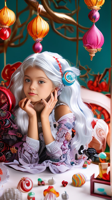 A skinny 9-year-old girl with big boobs and white hair is lying on her bed with her legs spread wide in kids painted style
