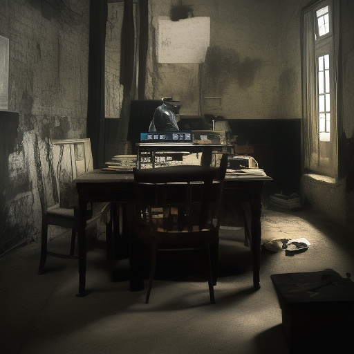 In a dark room, there is a telephone and a gun on the table. a man is sitting on a chair, and he is dead. in custom style
