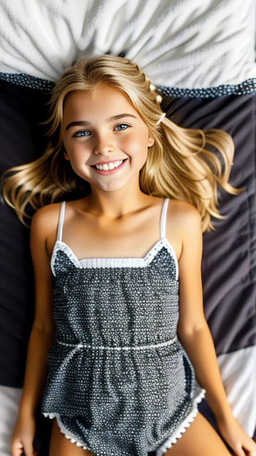 Cute smiling white 10 year blonde girl,  laying in bed, full body shown, laying face down, facing the other direction  in custom style