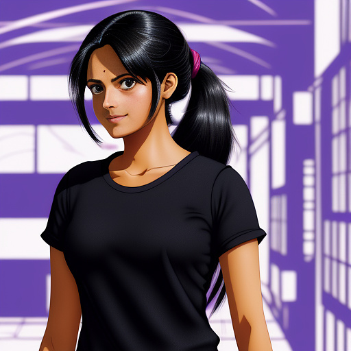 Photograph, indian woman, beautiful, 30 years old, black hair, ponytail, purple tshirt in anime style