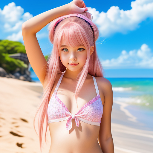 Little young girl in camera, whit shorts pants and swim bra, curbing her body. 
pink hair and her hands up for tie the hair, 
in a beach

 in anime style