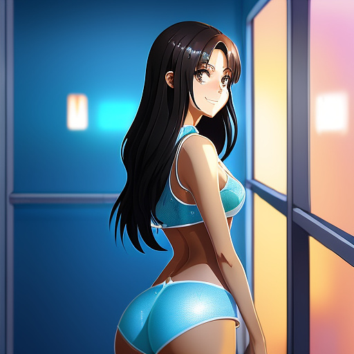 Drawn a girl standing in the bathroom only clothed in an see-through shirt. looking at the viewer with a seductive smile, showing off her ass ,she has a slim petite body and has dark hair.  in anime style