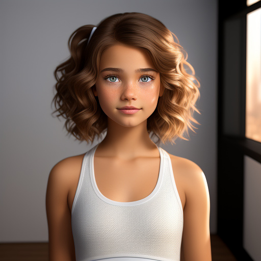 A thirteen year old girl, with short light brown hair and hazel eyes wearing lipgloss and wearing a white tank top in disney 3d style