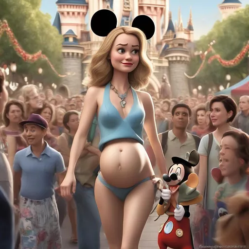 Brie larson is nude and very pregnant. she looks annoyed, brie has on a collar and leash. mickey mouse is merrily leading her through a crowded disney park. show all of brie in disney 3d style