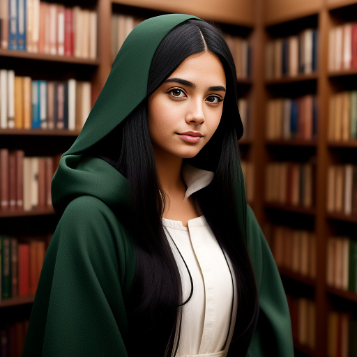 Medieval portrait of a strong hispanic woman with long black hair, wearing a simple dark green medieval hooded coat and standing in front of a library in anime style