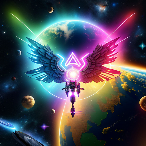 A cheerful transformer flies through space against the backdrop of planets. in angelcore style