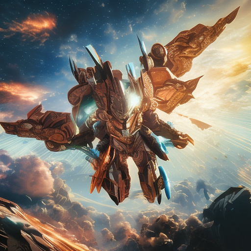 A cheerful transformer flies through space against the backdrop of planets. in angelcore style