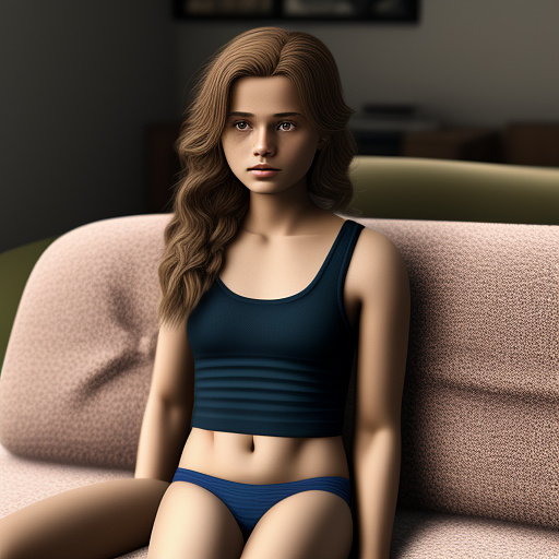 Ultra realistic a 15 year old german girl sits on the sofa in the living room in childish underwear in custom style