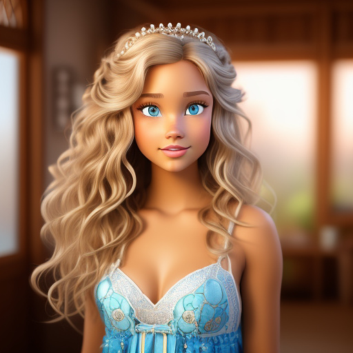 Beautiful princess with tan, blonde wavy hair and light blue eyes
 in disney 3d style