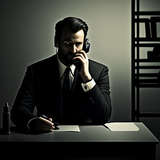 In a dark room, there is a telephone and a gun on the table. a man is sitting on a chair, and he is dead. in custom style